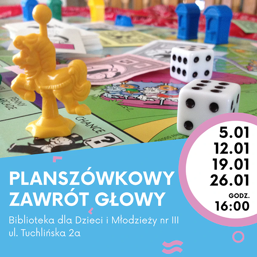 Fragment planszy z gry Monopoly z pionkami, hotelami, kostkami i pieniędzmi.