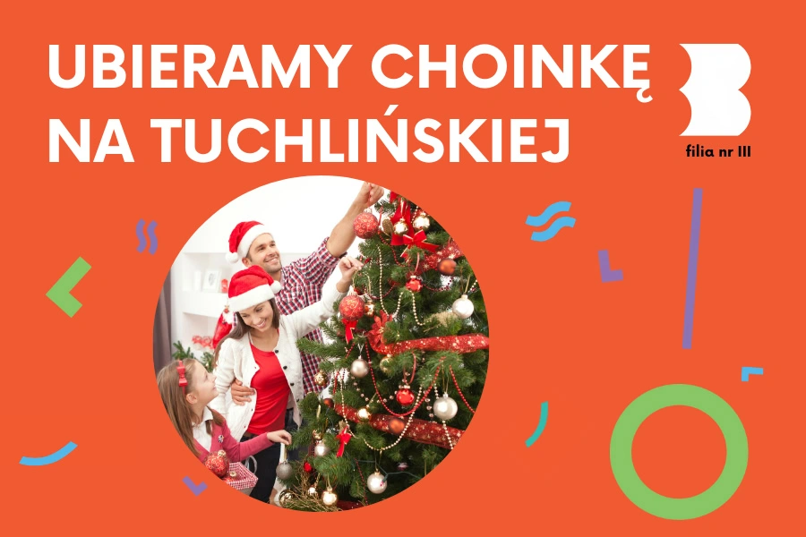 Częściowo ubrana choinka świąteczna jest ubierana przez trójosobową rodzinę.