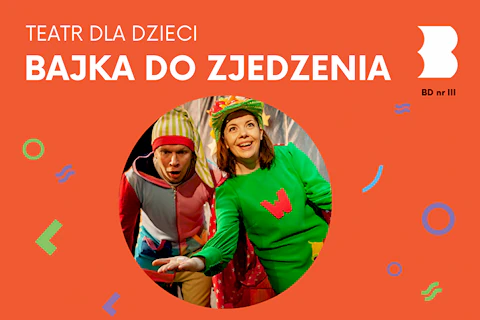 Aktorka ubrana w zielony kostium wyciąga dłoń przed siebie. Aktor ubrany pstrokato patrzy się na jej dłoń.