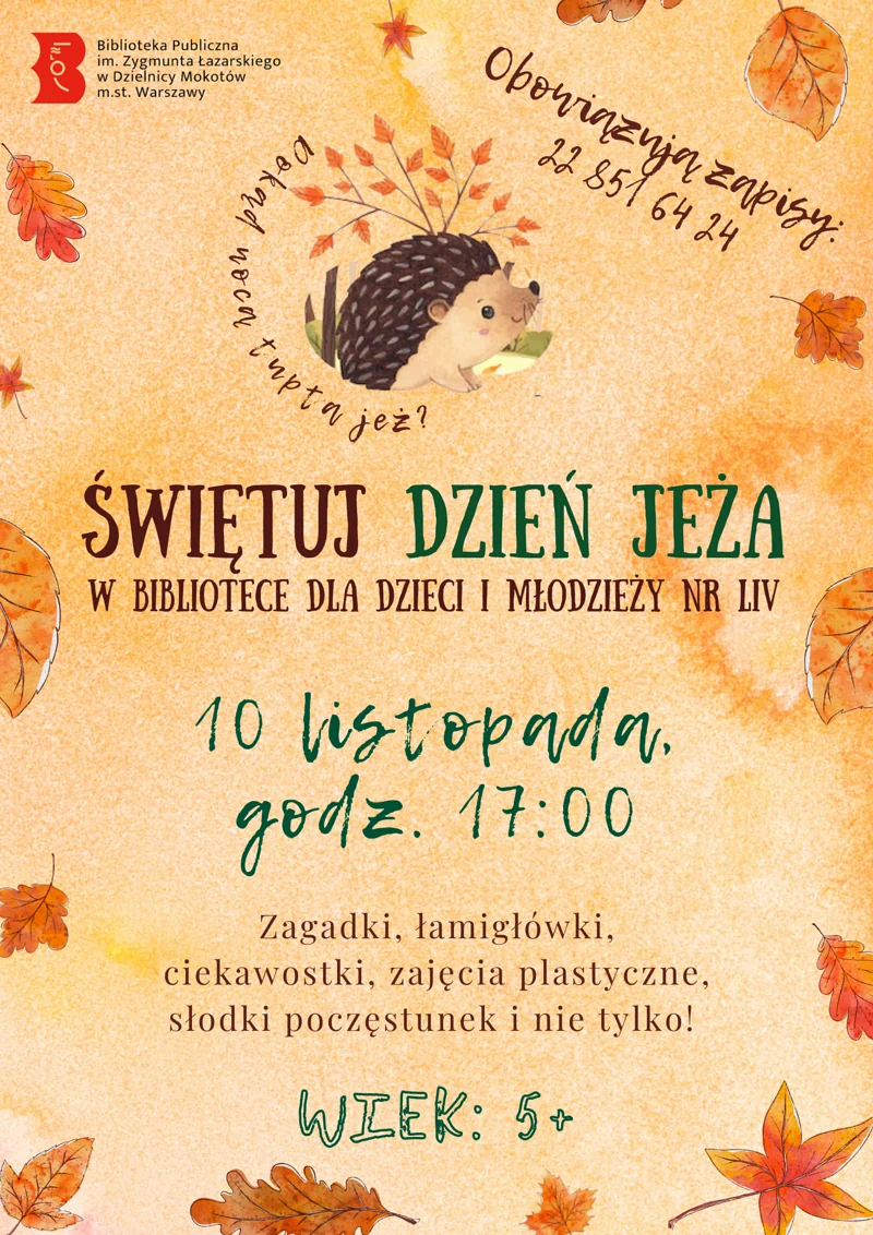 Pomarańczowo-piaskowe tło. Rysunkowy uśmiechnięty jeżyk na górze grafiki. Poniżej tekst zawarty w artykule. Dużo jesiennych liści rozrzuconych wokół.