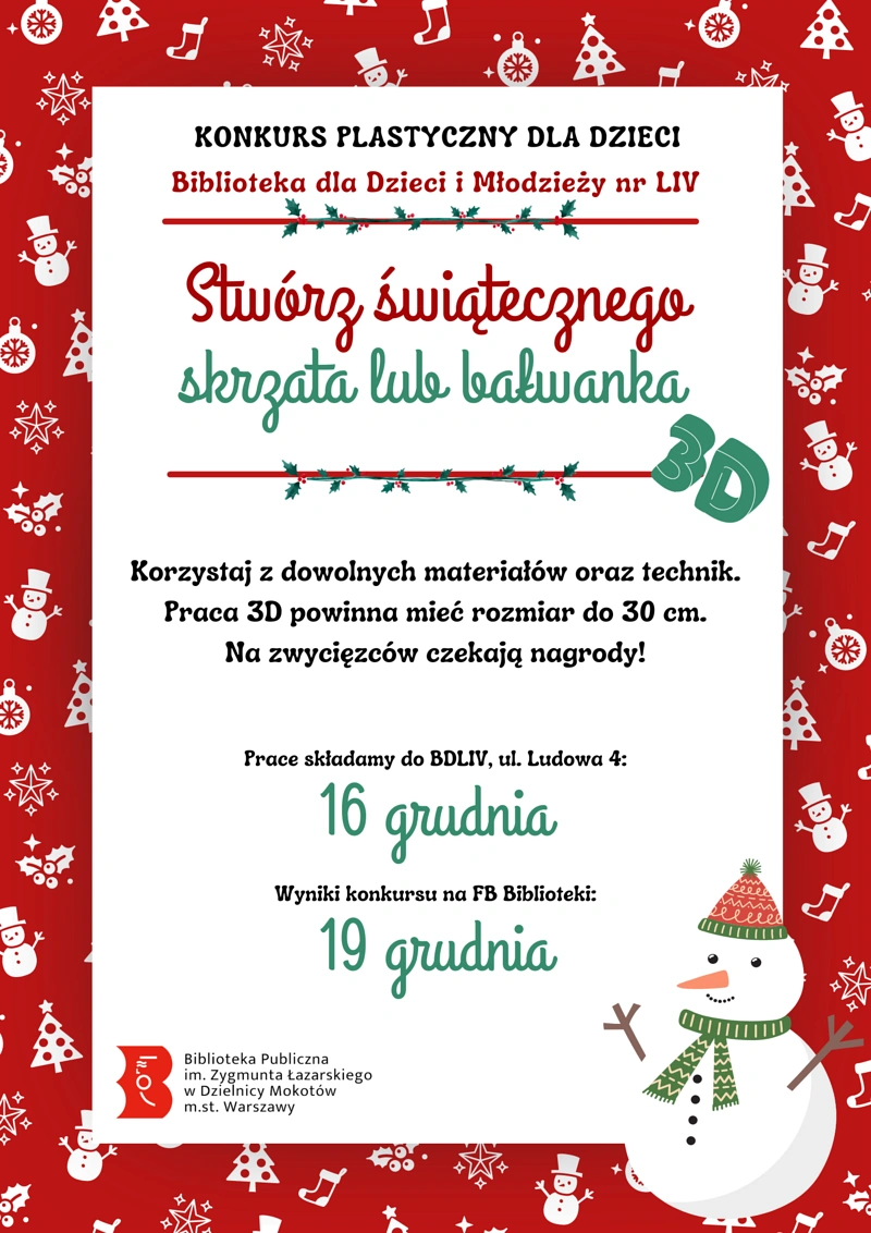 Biała kartka z kolorowym tekstem zawartym w artykule otoczona jest czerwoną ramką z białymi motywami świątecznymi: bałwankami, gwiazdami, liśćmi, skarpetami na prezenty, choinkami, bombkami.