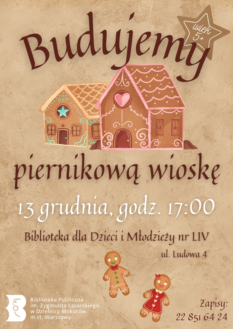 Jasnobrązowe tło z dominującym rysunkiem dwóch domków z piernika. Na dole dwa piernikowe ludziki - chłopiec i dziewczynka. Tekst zawarty w artykule.