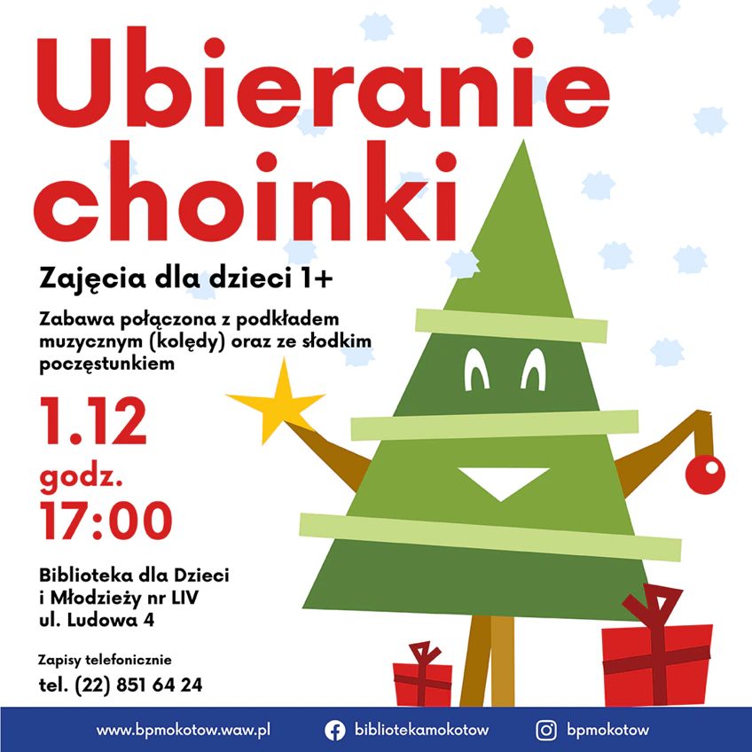 Narysowana uśmiechnięta choinka doprasza się, by ją przystroić. Poza tym tekst zawarty w artykule.