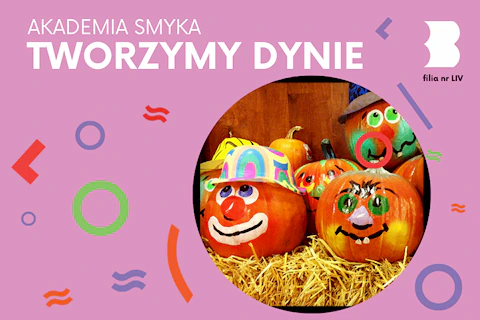 Kilka dyń leżące na sianie, a każda ma wymalowane śmieszne twarze. Niektóre dynie mają kolorowe kapelusiki.