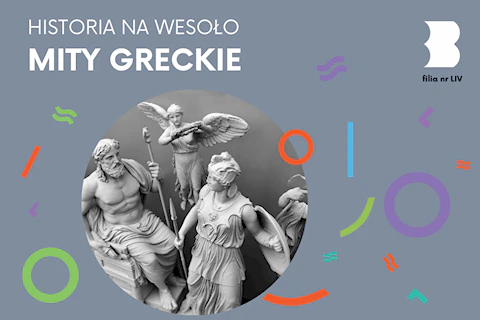 Rzeźby Zeusa, Hery i latającego cherubinka na szarym tle.