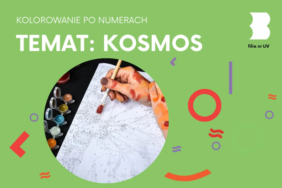 Nad kartką, na której są narysowane linie i numery pochyla się umorusana farbami dłoń z cienkim pędzlem. Obok leżą małe pojemniki z farbami.