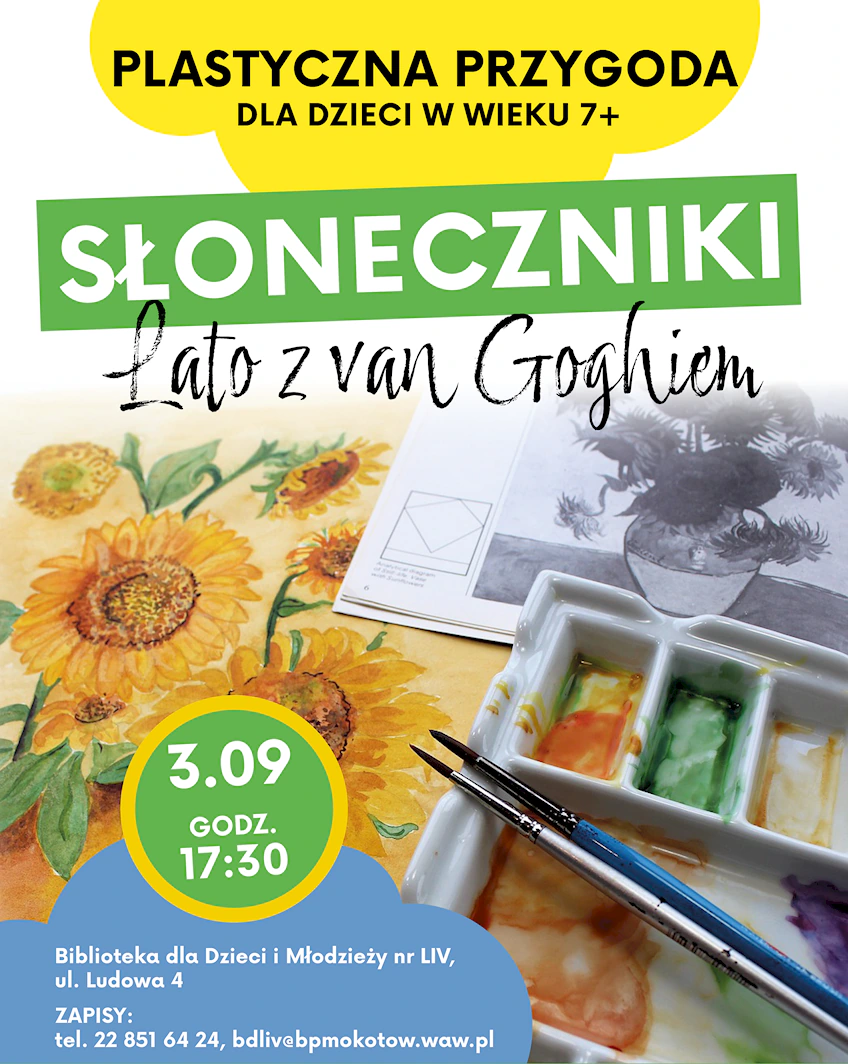 Na stole leży kolorowy rysunek kwiatów słonecznika, a obok pudełko z farbami i czarno-biały rysunek słoneczników w wazonie.