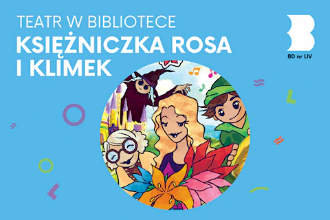 Rysunek wesołej staruszki, młodej blondynki, chłopaka w zieleni i latającej czarownicy na tle zamku i nieba.