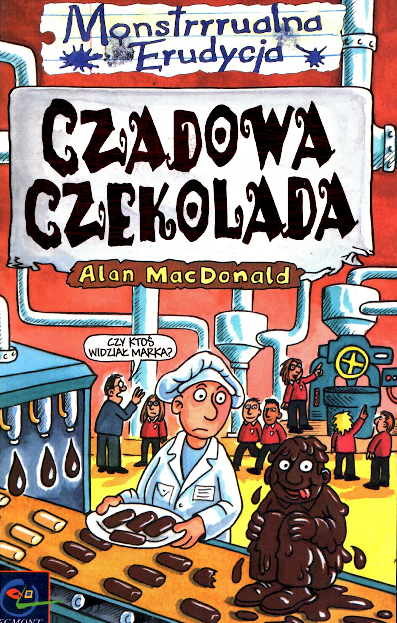 Rysunek fabryki czekoladowych ciasteczek, gdzie pracownik przy taśmie patrzy na człowieka w całości oblanego czekoladą.