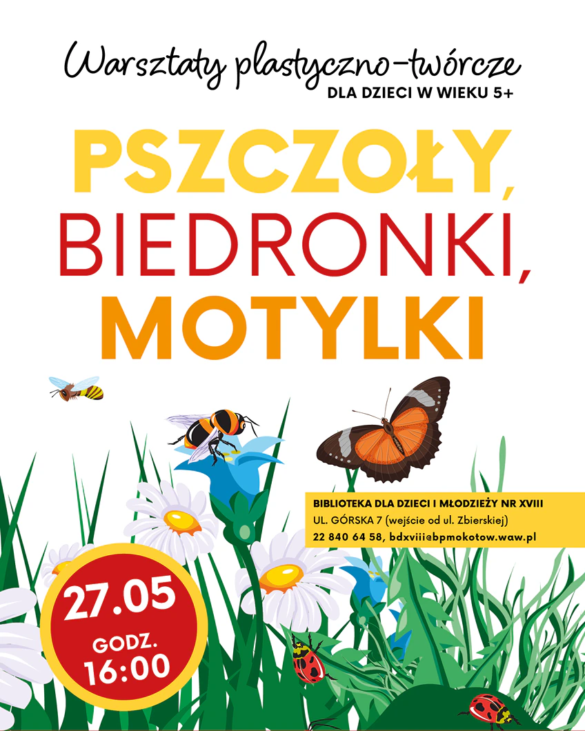 Narysowana z bliska łąka, a w niej widać pszczoły biedronki i motylka.