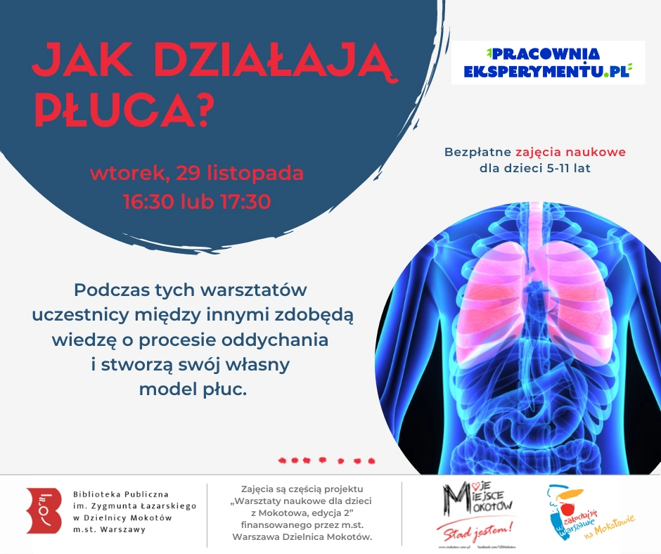 Plakat promujący warsztaty jak działają płuca. Poza treścią zawartą w tekście, widać grafikę przezroczystego na niebiesko torsu człowieka z widocznymi żebrami, układem pokarmowym oraz wyróżnionymi na różowo płucami i tchawicą.