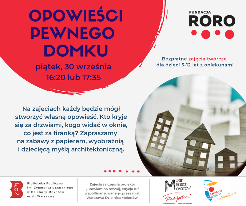 Plakat promujący warsztaty z prądem nie ma żartów. Poza treścią zawartą w tekście, widać wycięte z gazety domy.