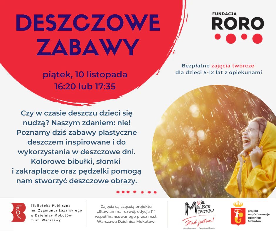 Poza tekstem zawartym w artykule, w prawym dolnej ćwiartce w kole jest zdjęcie dziecka w przeciwdeszczowym płaszczu uśmiechające się na padający deszcz.