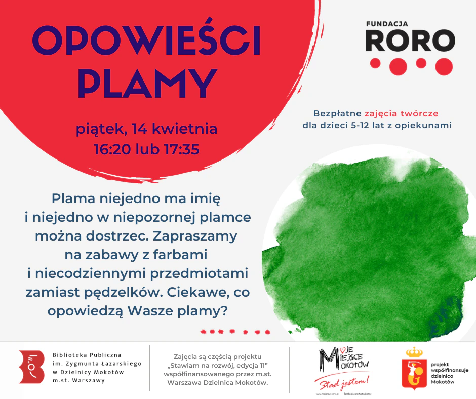 Plakat promujący zajęcia malarskie. Poza treścią zawartą w tekście, widać plamy różnej wielkości.