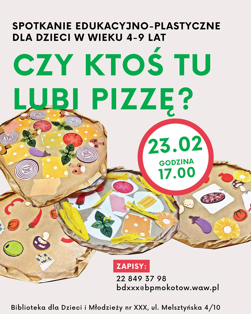 Głównym motywem grafiki są zdjęcia pizz zrobionych z papieru.