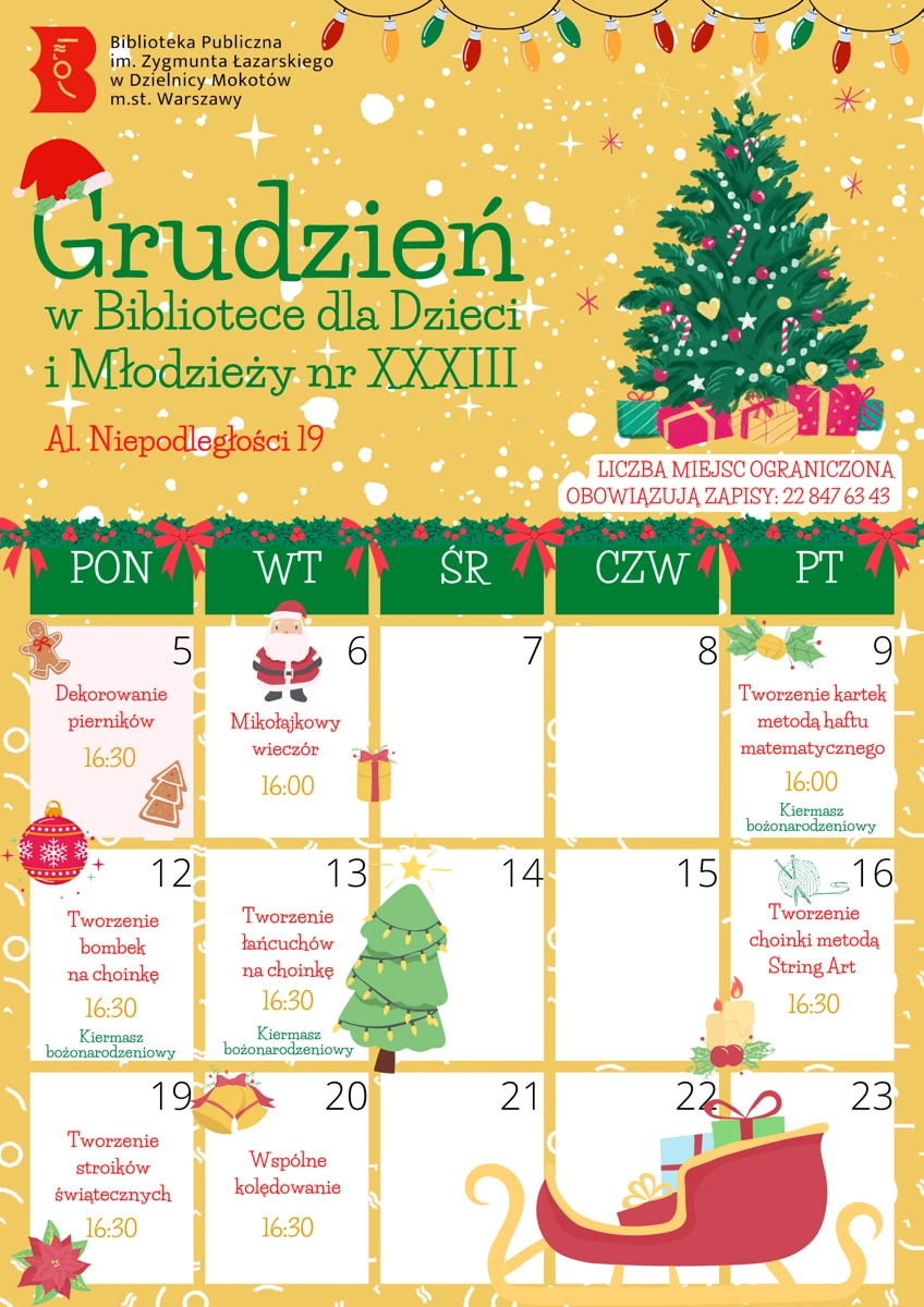 Kolorowy kalendarz od 5 do 23 grudnia, na którym narysowane są świąteczne atrybuty z choinką włącznie. Okienka w kalendarzu zapisane są wydarzeniami opisanymi w artykule.