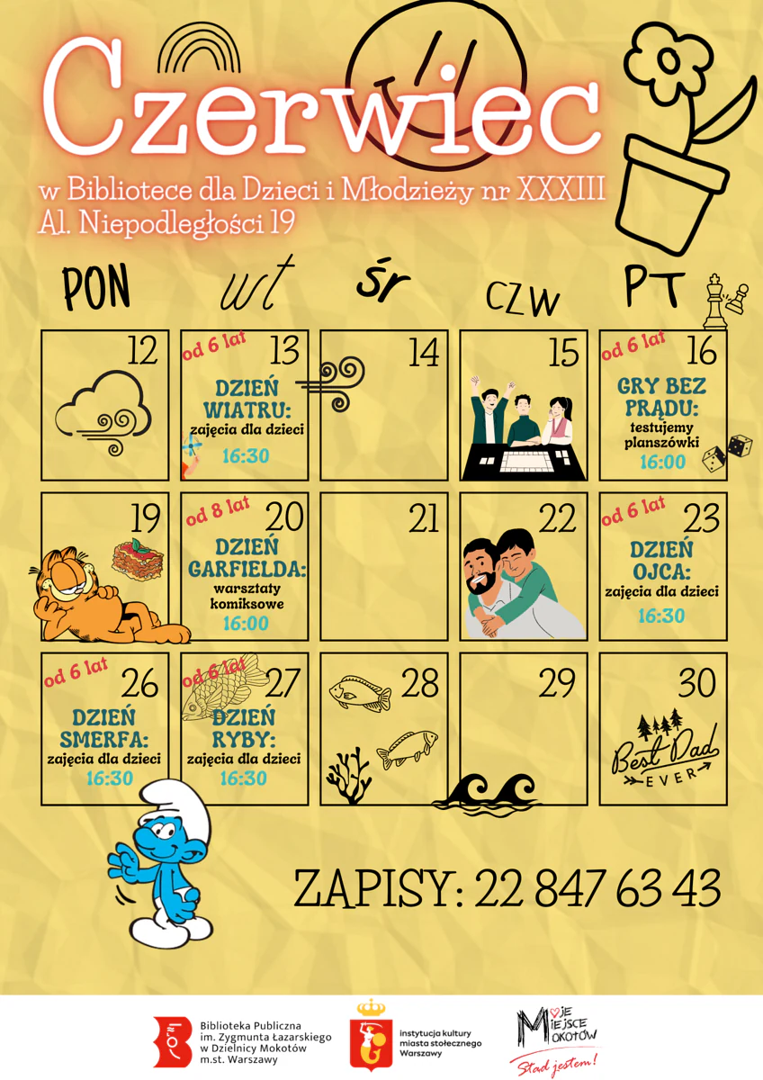 Kolorowy plakat czerwcowego kalendarza z opisanymi w konkretnych dniach zajęciami dla młodych czytelników. Szczegółowy spis został zawarty w artykule.