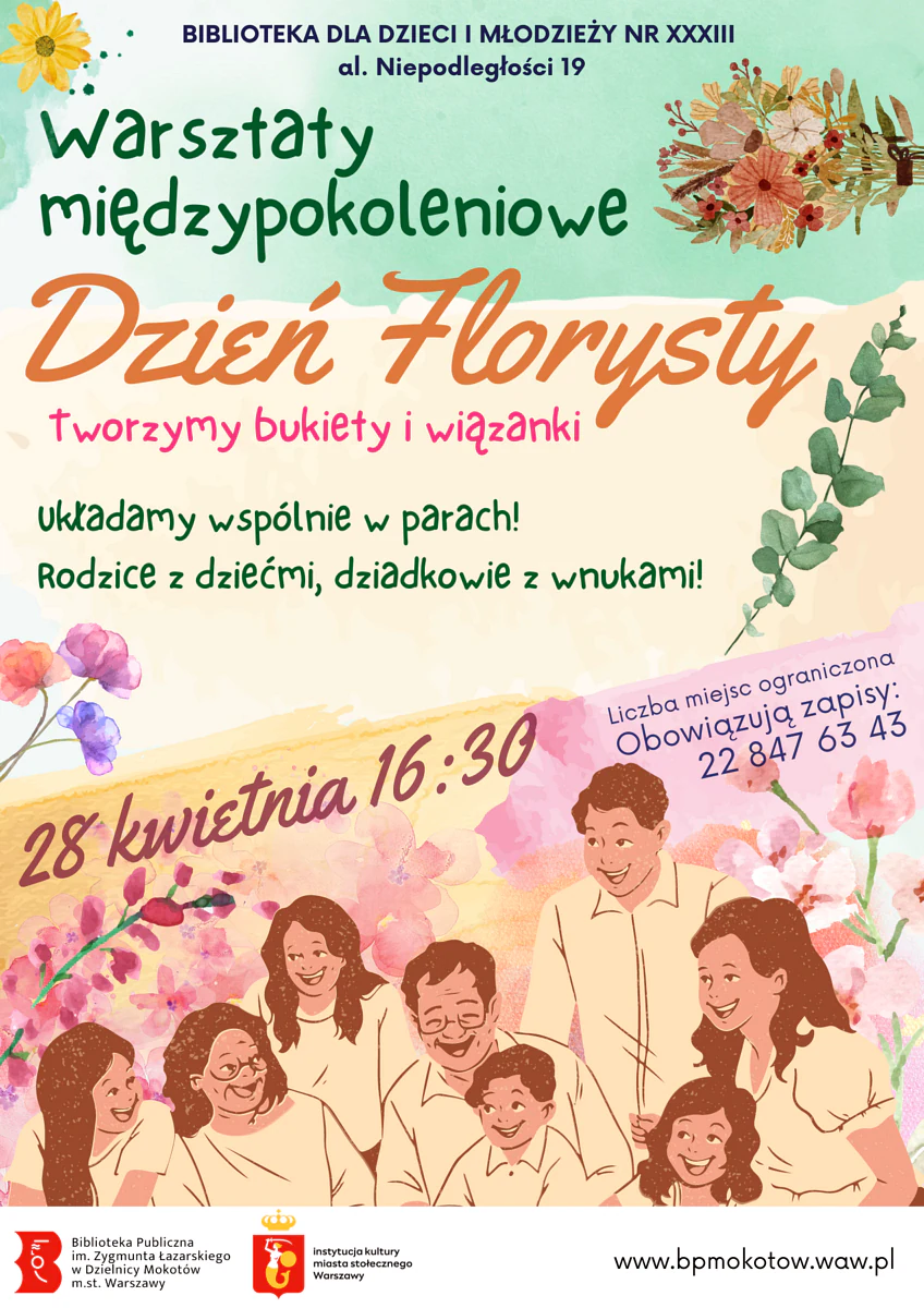 Plakat w tonacji zieleni, piasku i przeróżnych kwiatów. Na dole rysunek uśmiechniętej wielopokoleniowej rodziny. Do tego tekst zawarty w artykule.