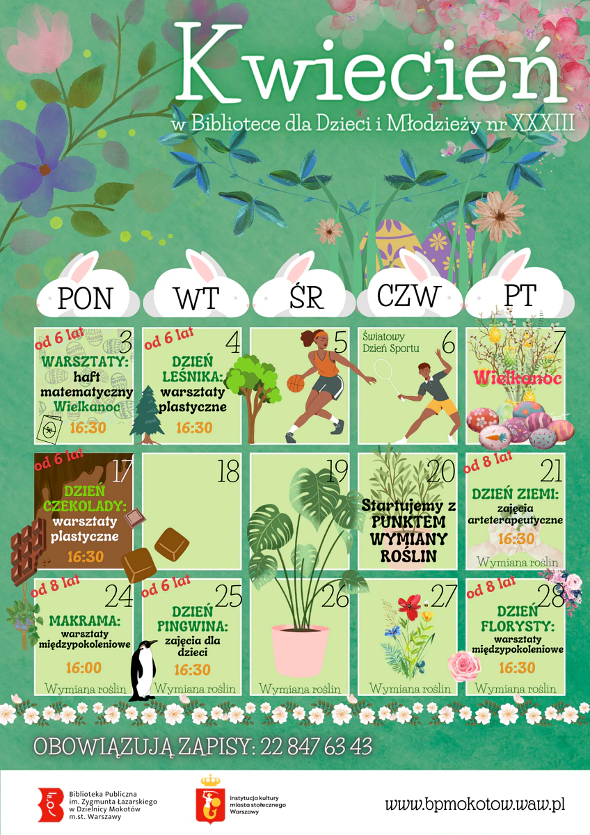Kolorowy plakat kwietniowego kalendarza z opisanymi w konkretnych dniach zajęciami dla młodych czytelników. Szczegółowy spis został zawarty w artykule.