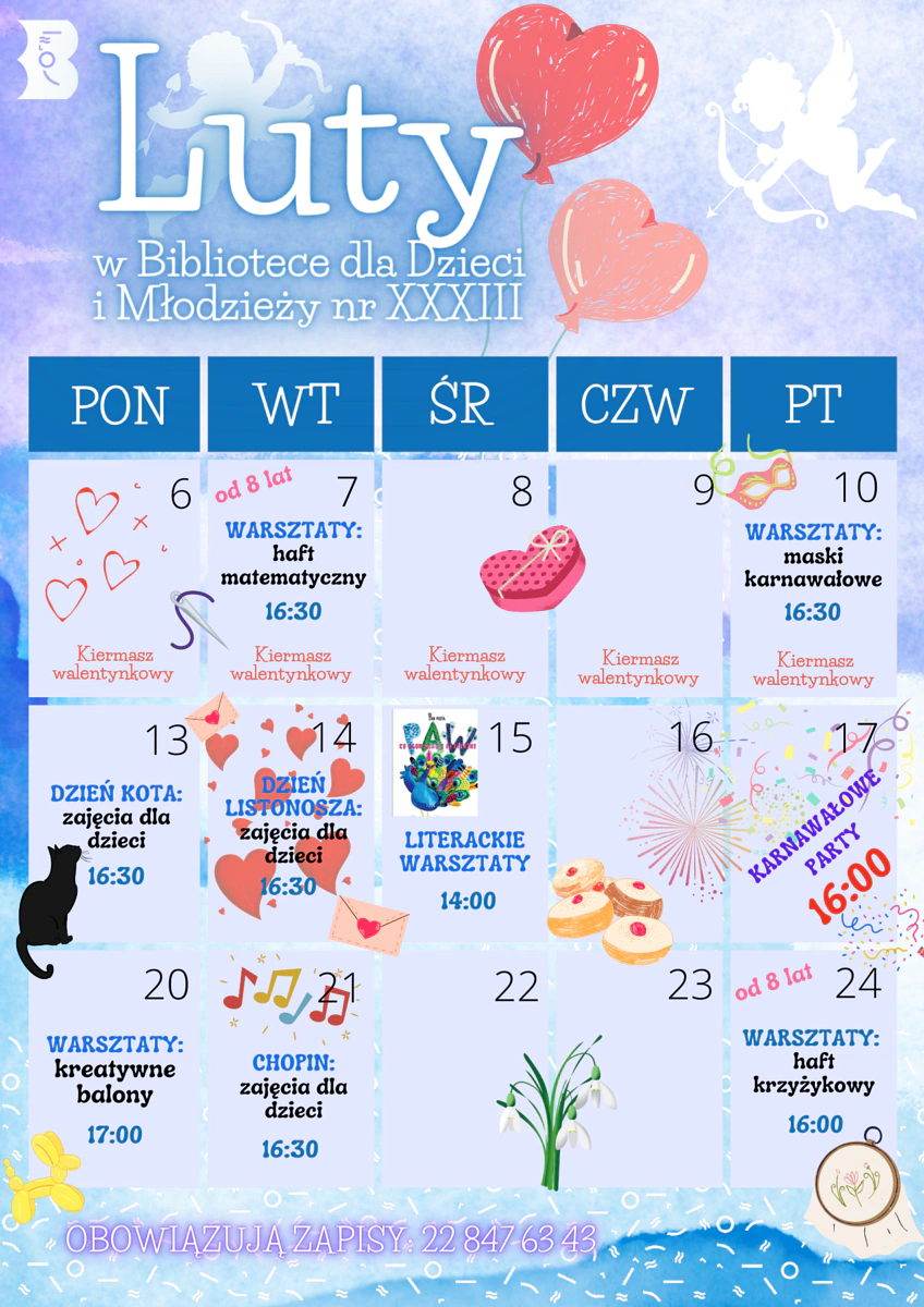 Fragment lutowego kalendarza z zaznaczonymi w konkretnych dniach zajęć dla młodych czytelników. Opisy zawarte w artykule.