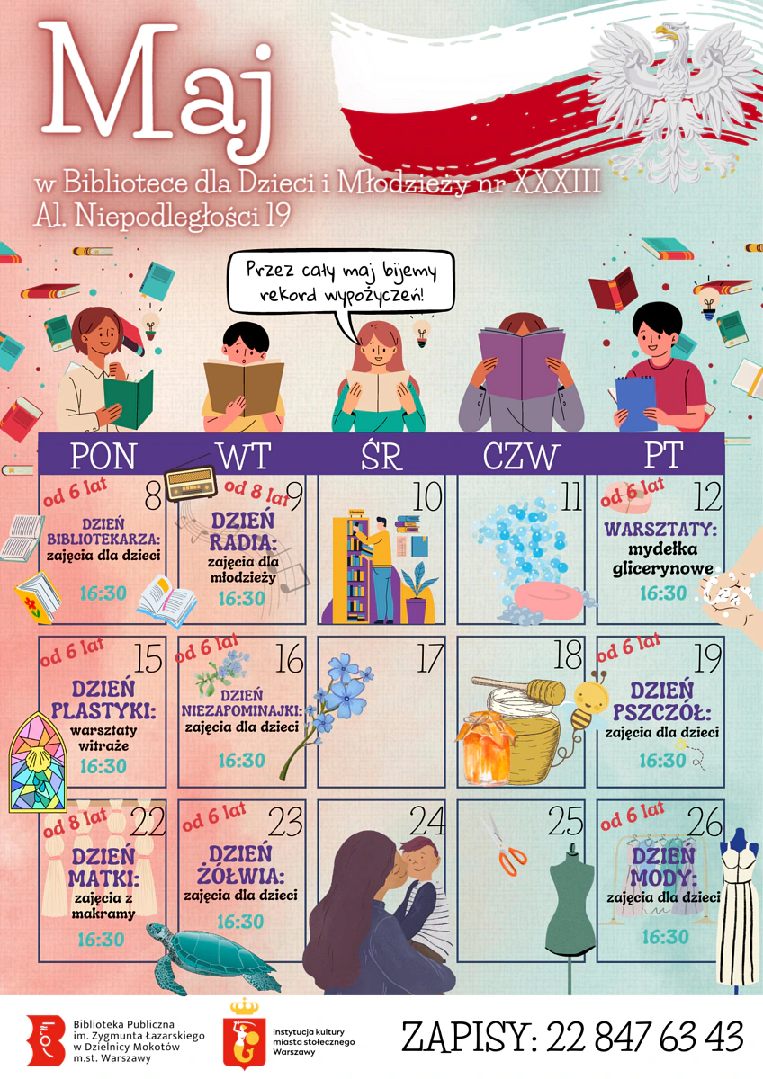 Kolorowy plakat majowego kalendarza z opisanymi w konkretnych dniach zajęciami dla młodych czytelników. Szczegółowy spis został zawarty w artykule.