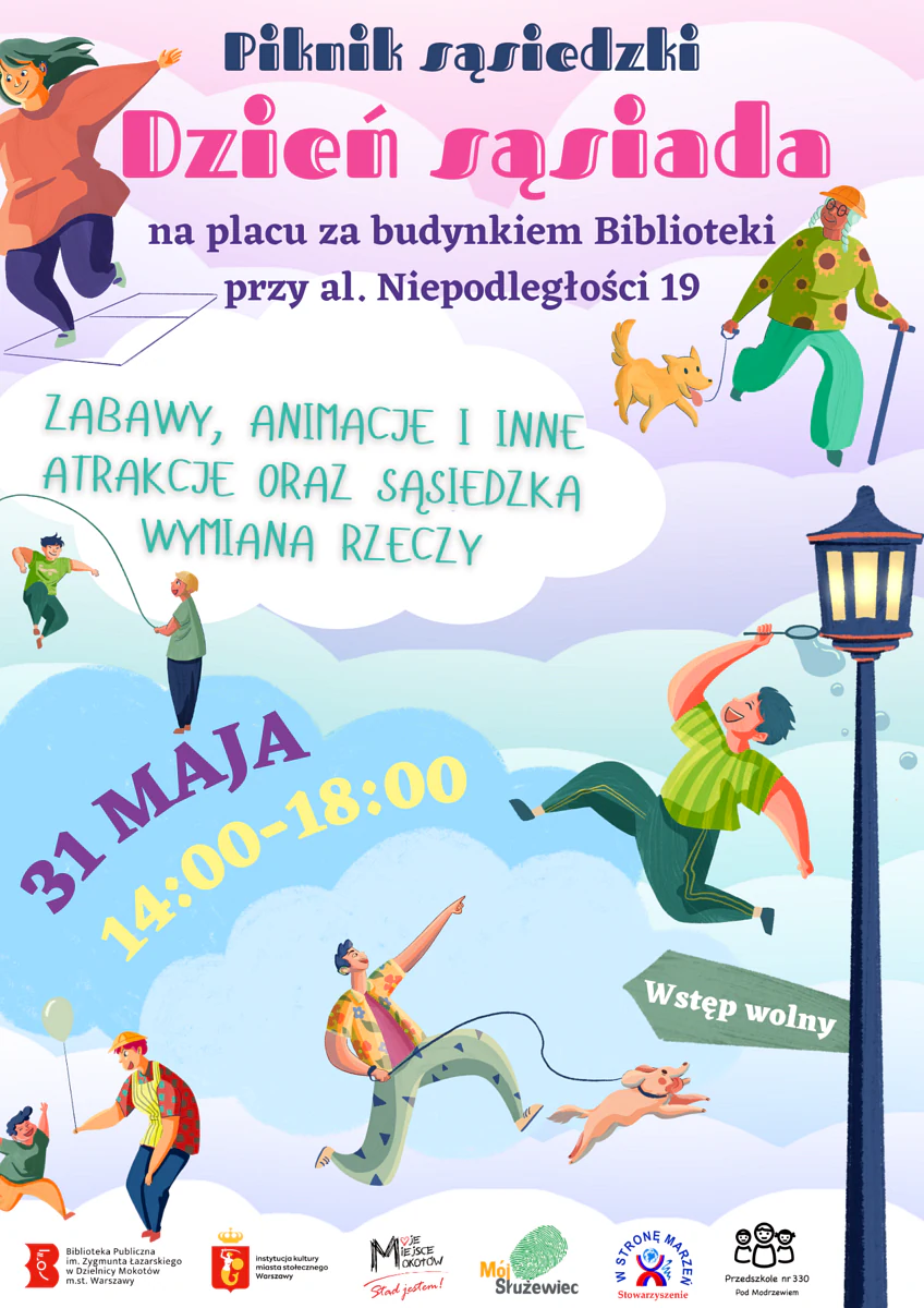 Rysunkowe postacie bawią się w różne gry: w klasy, na skakance, w robienie baniek mydlanych; spacerują z psami, pani wręcza dziecku balon. Stylowa latarnia dopełnia kolorową grafikę. Do tego tekst zawarty w artykule.