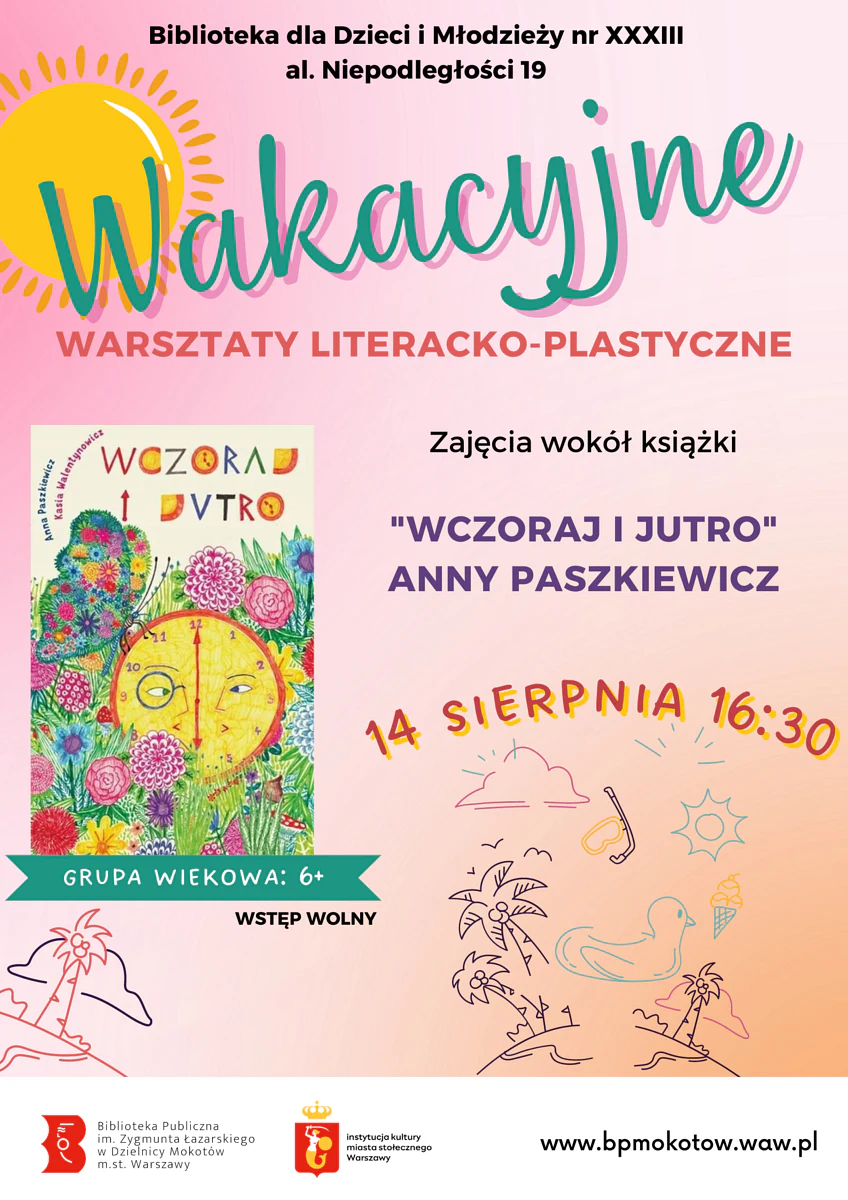 Poza tekstem zawartym w artykule, plakat ma wakacyjny charakter. Mamy słoneczko, palmy, kaczkę, lody, maskę do nurkowania. Do tego okładka książki Wczoraj i Jutro, na której narysowany kolorowy motyl siada na zegarze w żółtym kolorze, otoczonym kwiatami.