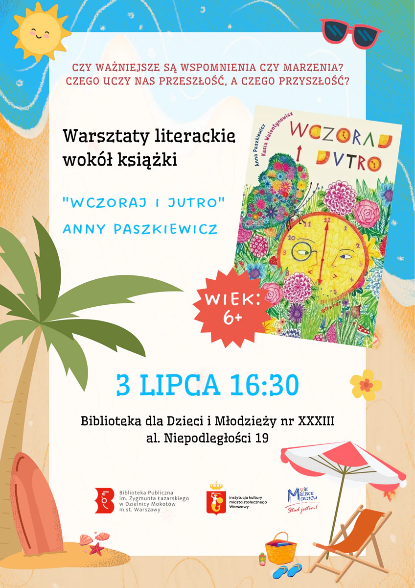 Poza tekstem zawartym w artykule, plakat ma plażowy charakter. Mamy uśmiechnięte słoneczko, okulary przeciwsłoneczne, leżak, parasol, deska surfingowa oparta o palmę. Pomiędzy tym okładka książki wczoraj i jutro, na której żółty zegar leży na łące, a na nim siada wielobarwny motyl.