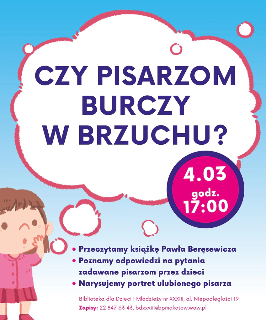 Narysowana dziewczynka zastanawia się, czy pisarzom burczy w brzuchu.