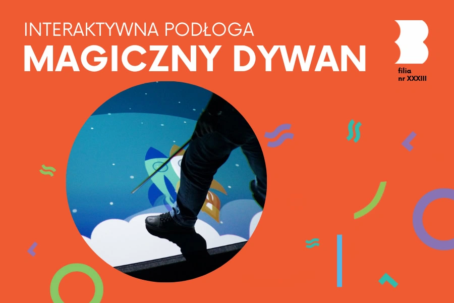 W kółku fragment gry wyświetlanej na dywanie, w której lecą statki kosmiczne.