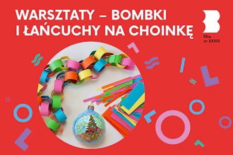 Na blacie leżą kolorowe łańcuchy, bombka i paski papieru do robienia łańcuchów.