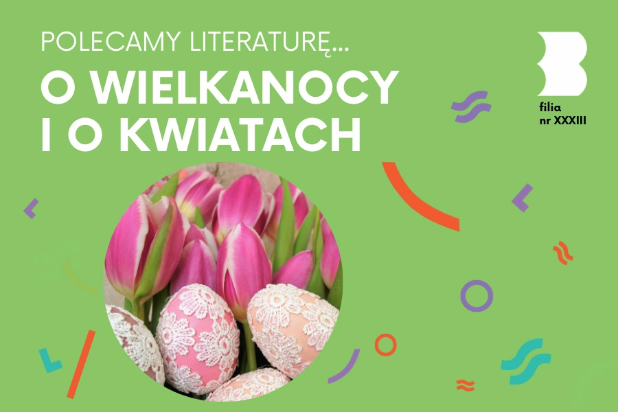 Na tle pisankowych jajek fioletowe tulipany.