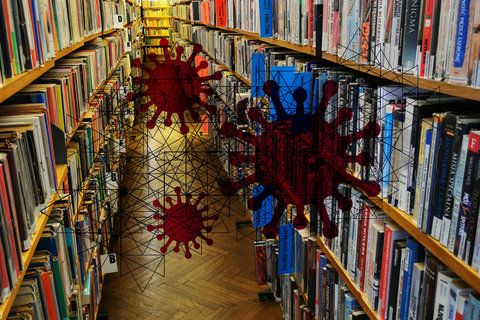 Z lewej i prawej długi rząd półek pełen książek. Trzy kule pełne wypustek, symbole wirusa, latają pomiędzy półkami.