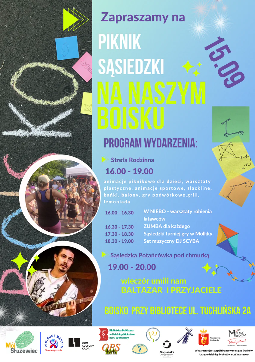 Poza tekstem zawartym w artykule widać kilka kartek z prostymi grafikami, narysowany latawiec, fragment asfaltu z napisem boisko i dwa zdjęcia w kółku. Na jednym mężczyzna gra na gitarze. Na drugim kobieta zabawia gromadkę dzieci.