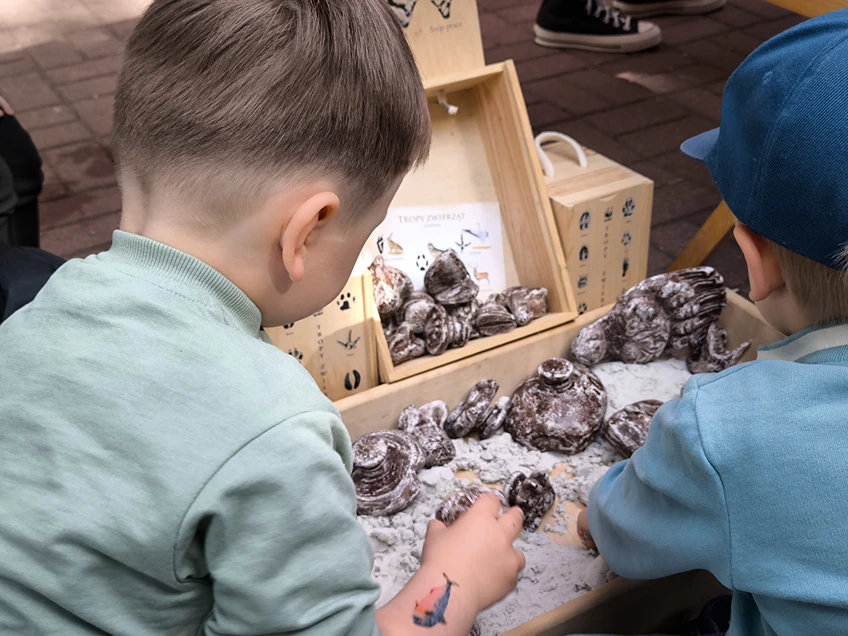 Dwójka chłopców pochyla się nad pudłem z sypką ziemią, na którym można zostawić ślady różnych zwierząt ze stempli leżących w pudle.