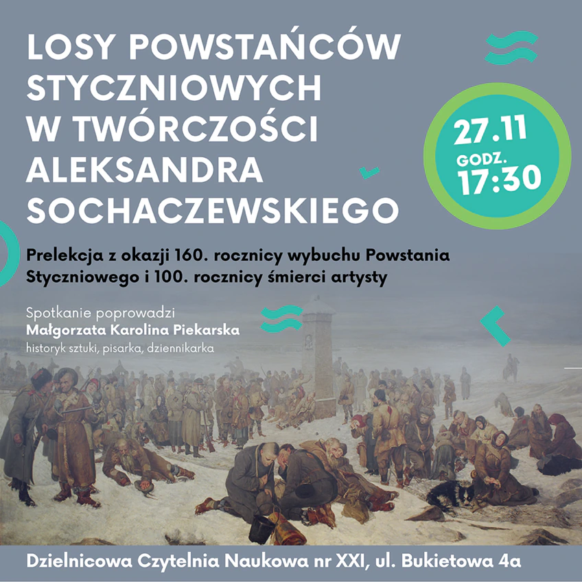 Tłum powstańców styczniowych odpoczywa przy słupie granicznym. Pilnują ich pieszo i konno carscy żołnierze. Do tego tekst zawarty w artykule.