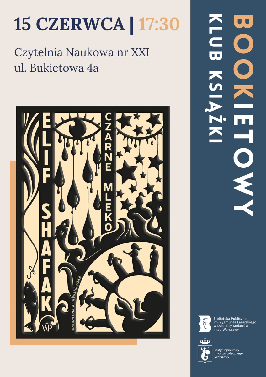 Na jasnobeżowym tle okładka książki oraz tekst zawarty w artykule. Okładka to alegoryczne rysunki: kobiety na półokręgu, wewnątrz którego noworodek jest przyczepiony pępowiną do tego półokręgu. Do tego ryby, łzawiące oko, Słońce i gwiazdy oraz bajkowy dżin.