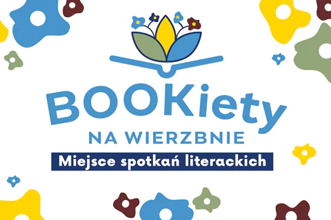Nad napisem bukiety na wierzbie rysunek otwartej książki, nad którą widać trzylistny kwiat, z którego wyrastają cztery drobne kwiaty. W rogu kolorowe plamy przypominające kwiaty.