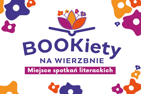 Nad napisem bukiety na wierzbie rysunek otwartej książki, nad którą widać trzylistny kwiat, z którego wyrastają cztery drobne kwiaty. W rogu kolorowe plamy przypominające kwiaty.