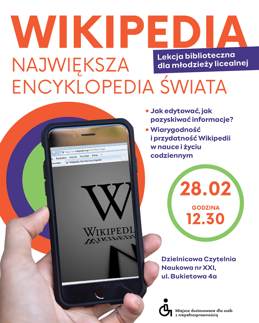 Smartfon trzymany w dłoni, a na jego ekranie strona startowa Wikipedii.