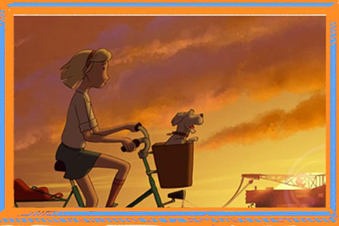 Grafika z filmu - bohaterka jedzie na rowerze, w koszyku ma psa.