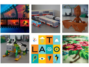 Kolaż zdjęć i grafik: taśma filmowa, kartonowe modele autobusów i tramwajów, zabawki (stworek i okulary) wydruki 3d, zabawka (żaba) zbudowana z klocków lego, logo akcji Lato w mieście, haft.