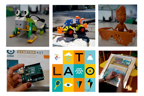 Kolaż zdjęć i grafik: zabawka (żaba) zbudowana z klocków lego, zabawka (pojazd) zbudowana z klocków Kid K’nex, zabawki (stworek i okulary) wydruki 3d, kobieca ręka trzymająca płytkę Arduino, logo akcji Lato w mieście, rama tkacka.