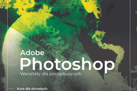 Efekty pracy w Photoshopie: nieostre, przenikające się kształty, przypominające planety, kontynenty. Na środku tekst: "Adobe Photoshop, Warsztaty dla początkujących, kurs dla dorosłych, cena: 120 zł/os (12 godzin), 6, 7, 8, 13, 14, 15 września godzina 17:00, Multimedialna Biblioteka dla Dzieci i Młodzieży nr XXXI, Tyniecka 40a, Warszawa”.