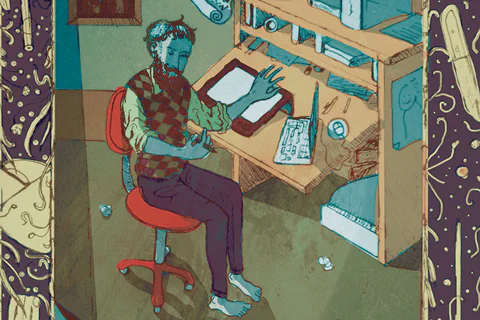 Grafika przedstawia brodatego mężczyznę, który pracuje przy laptopie w swojej pracowni, na biurku i podłodze leżą sterty papierów i książek.