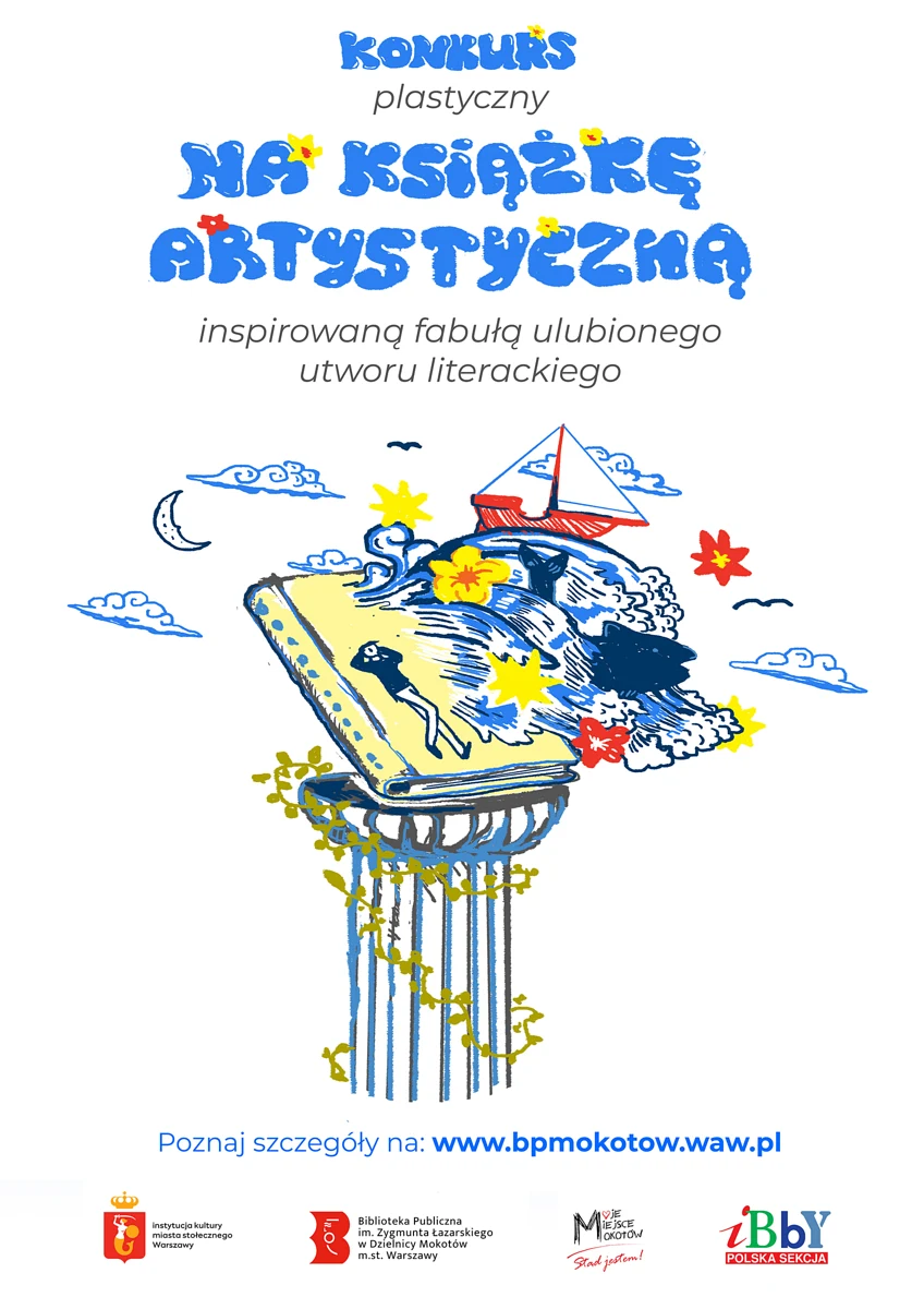 Na szczycie greckiej kolumny leży książką, a na niej leży człowiek oraz wylewają się morskie fale. Na fali płynie żaglówka, z wody wystaje łeb i ogon ryby. Do tego są kwiaty, rozgwiazdy, chmury i rogal księżyca. Poza tym tekst zawarty w artykule.