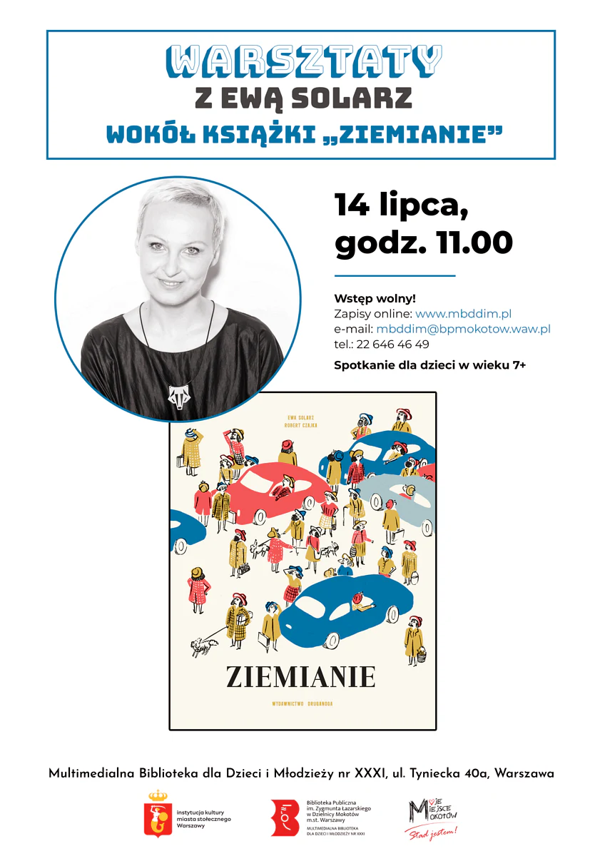 Na białym tle tekst zawarty w artykule, okładka książki ziemianie i czarnobiałe zdjęcie młodej kobiety krótko ostrzyżonej. Na okładce narysowany tłum ludzi ubranych jesiennie patrzących w górę oraz kilka samochodów.
