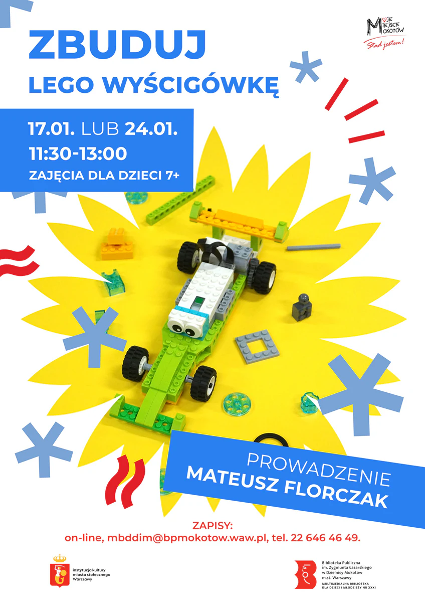 Dominuje zdjęcie bolidu wyścigowego zbudowanego z klocków lego pośrodku rozrzuconych klocków.