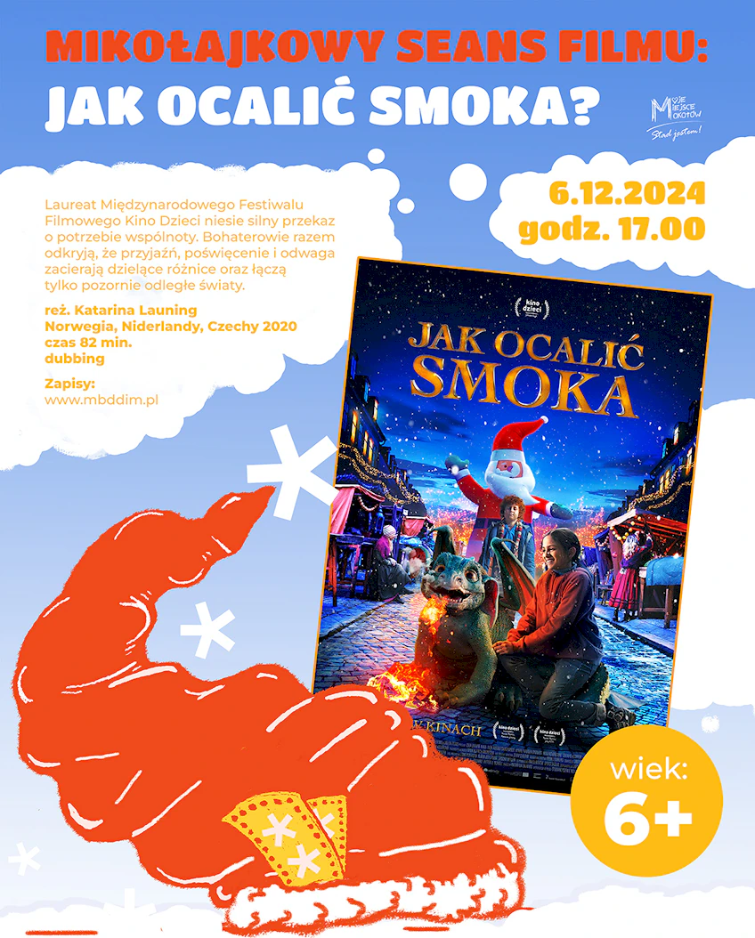 Na brukowanej ulicy siedzi mały smok i ciemnowłosa dziewczynka. Za nimi stoi rudowłosy chłopiec oraz Mikołaj. W tle udekorowane świątecznie domy oraz ciemnoniebieskie niebo.