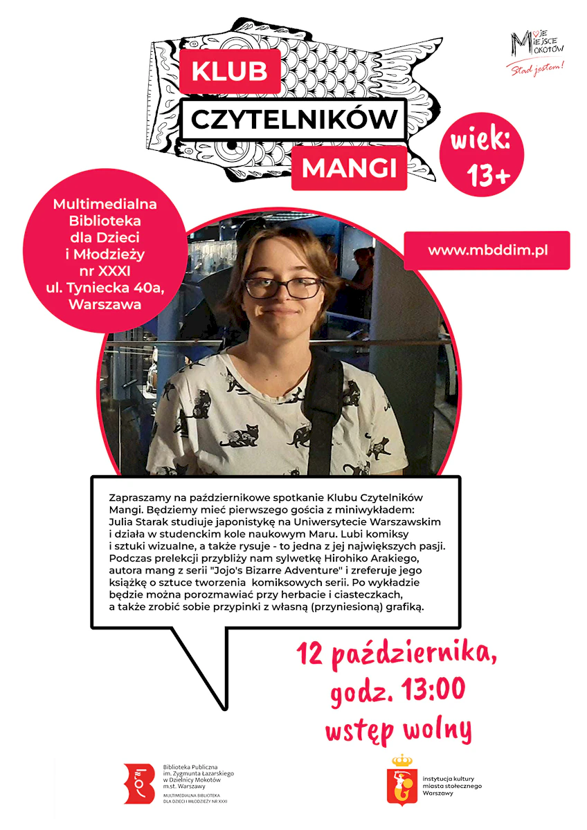 Pod narysowaną dziwną rybą, zdjęcie młodej szatynki w okularach.
